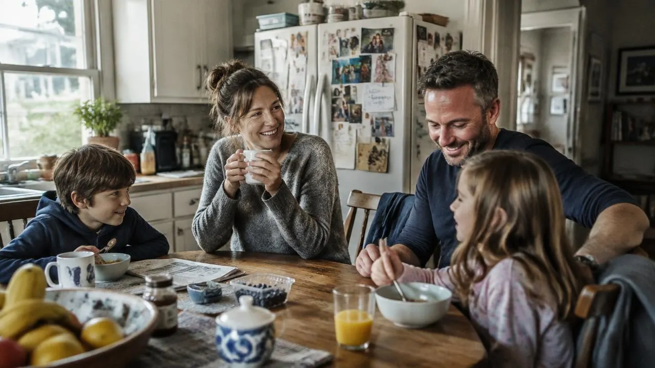 A family having breakfast together at their kitchen table